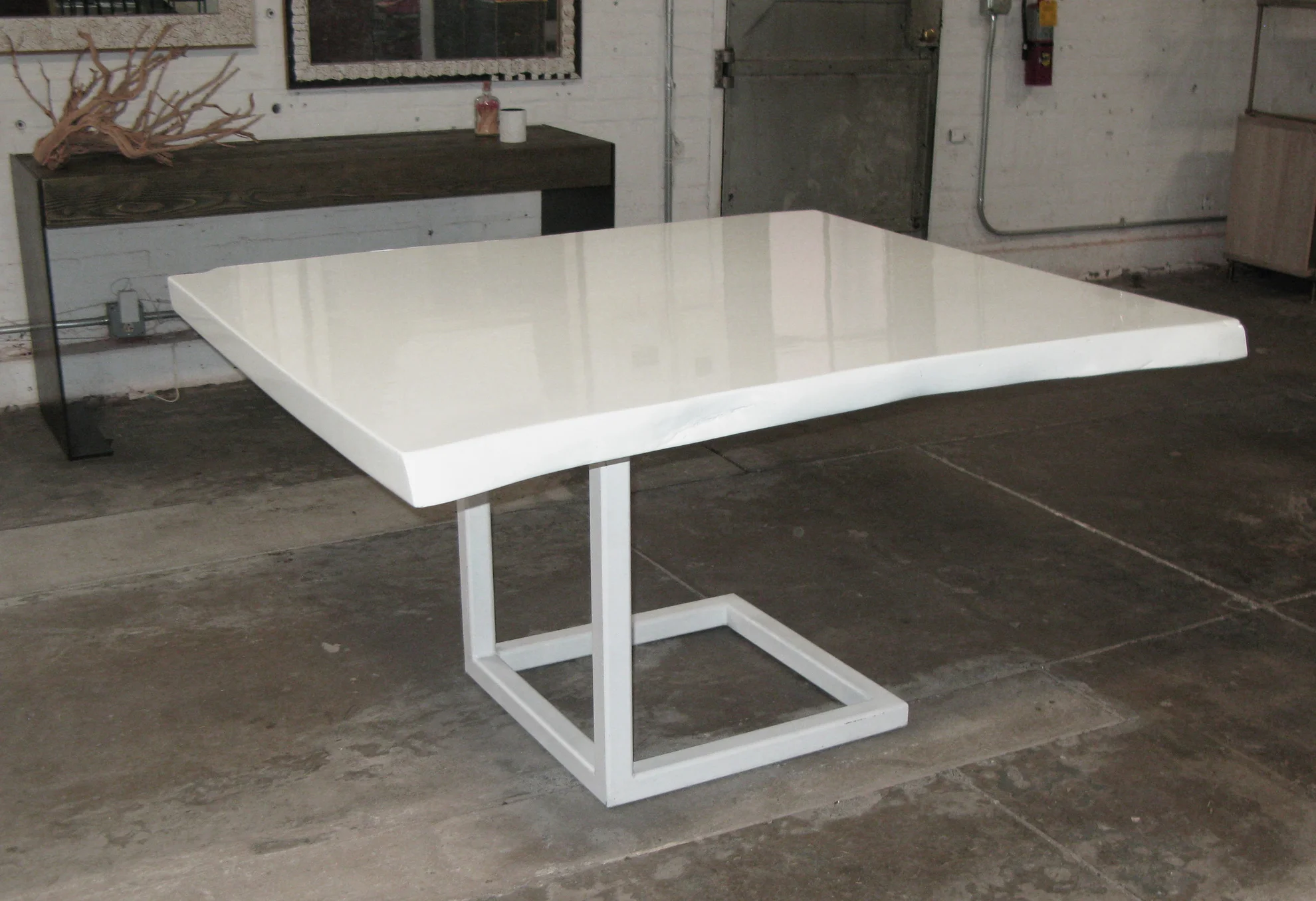 Custom painted dining table base with natural wood top, whitewash finish, handmade Pennsylvania