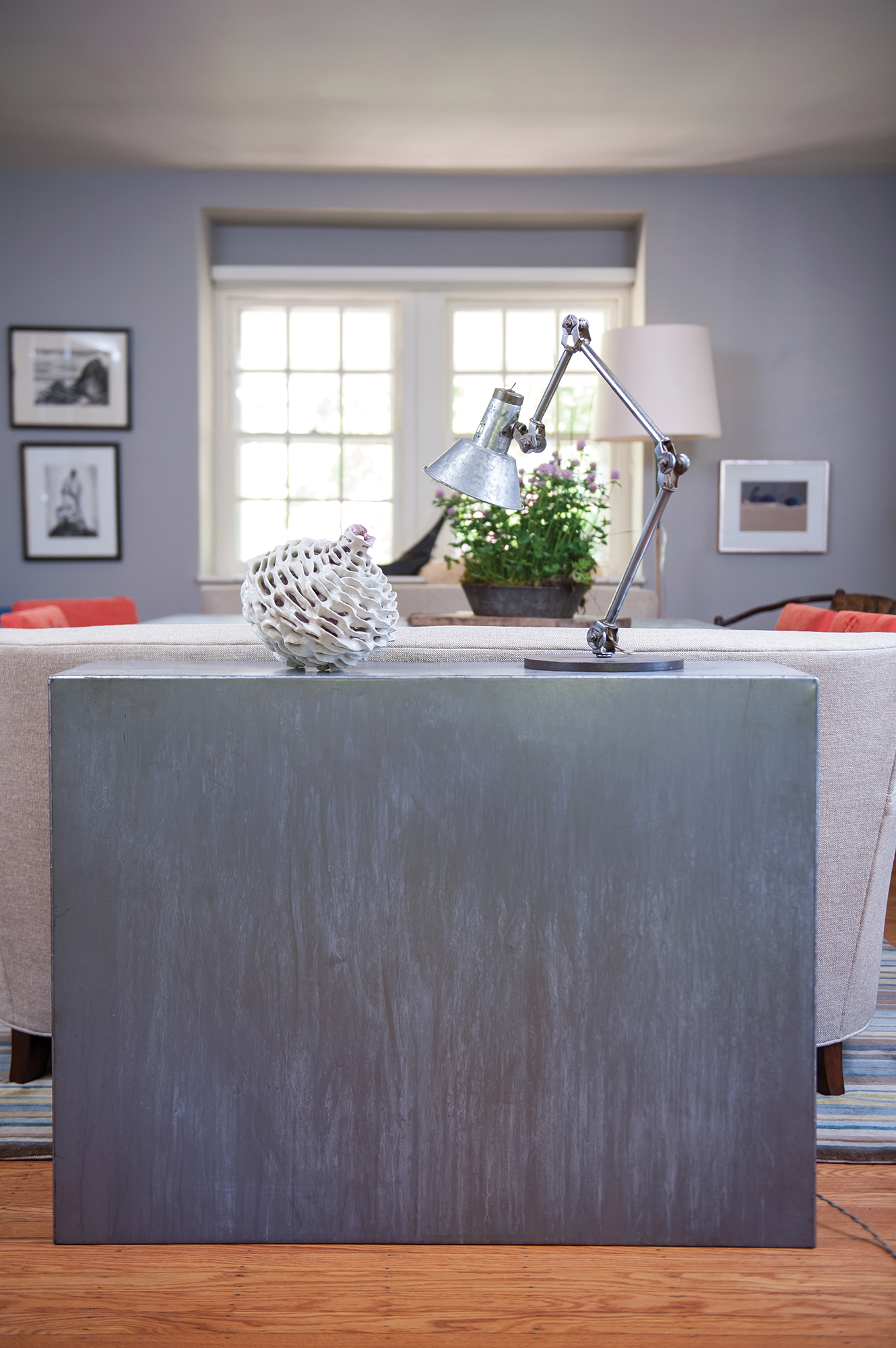 Zinc top table with natural patina, custom built Pennsylvania
